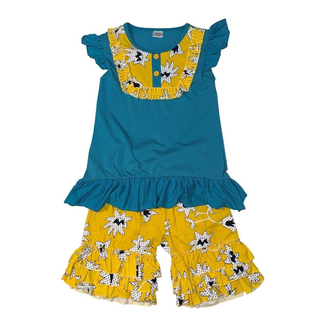 Ruffle Top & Pants Set Girls Size 12 Yellow Floral & Teal Cotton Blend